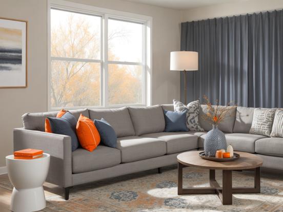 Gray couch orange pillows room