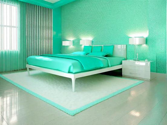 Teal bed closeup green room