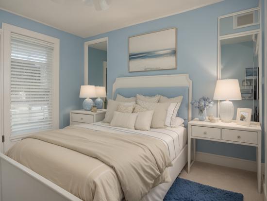 Blue white bedroom decor