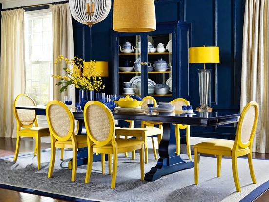 Bright blue and yellow dining room