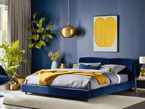 Blue bed yellow blanket trendy