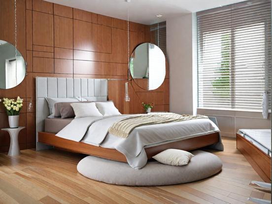 Serene bedroom with bed and mirror