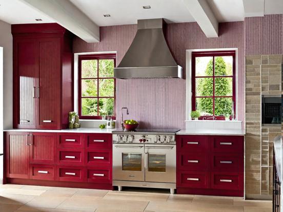 Luxury red grey kitchen closeup