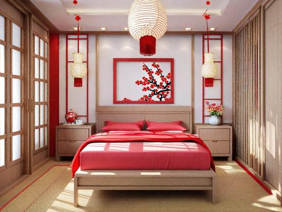 Red Asian style bedroom closeup