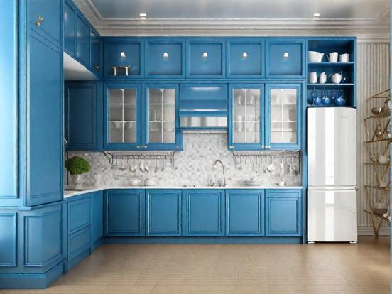 Blue kitchen cabinets fridge