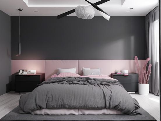 Closeup pink headboard gray bed