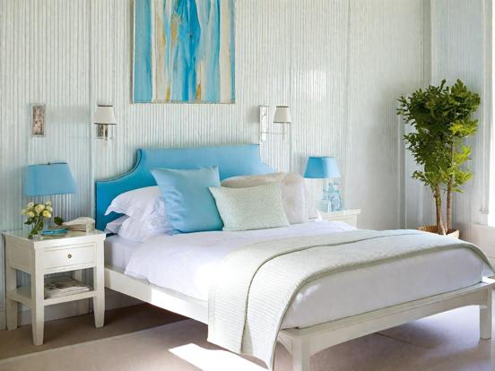 Blue headboard white bed serene