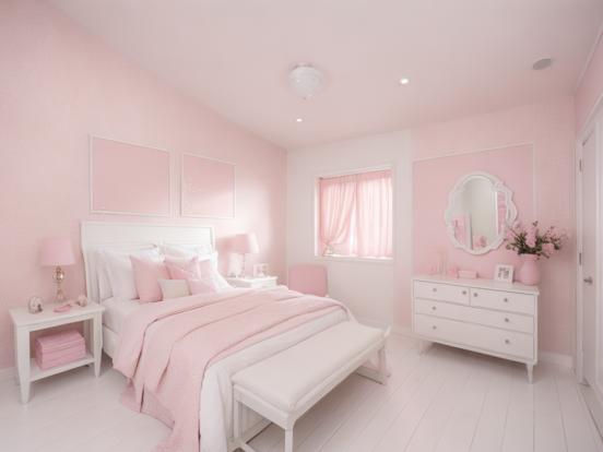 Pink girly bedroom white bed