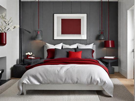 Red gray bed closeup cozy