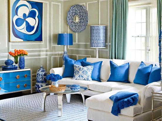 Bright blue white living room