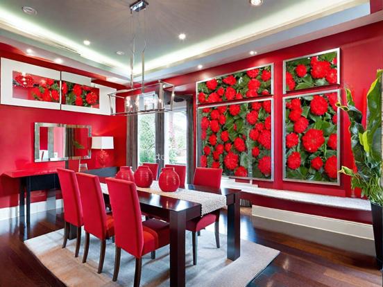 Red dining room wooden table roses