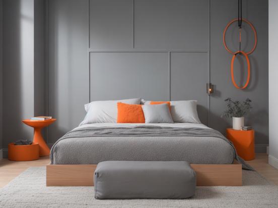 Closeup bed gray orange headboard