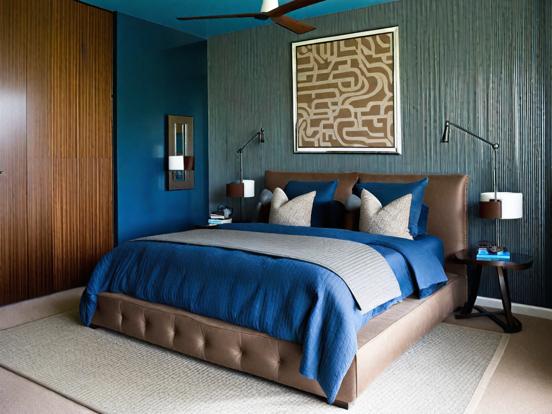 blue brown and grey bed room