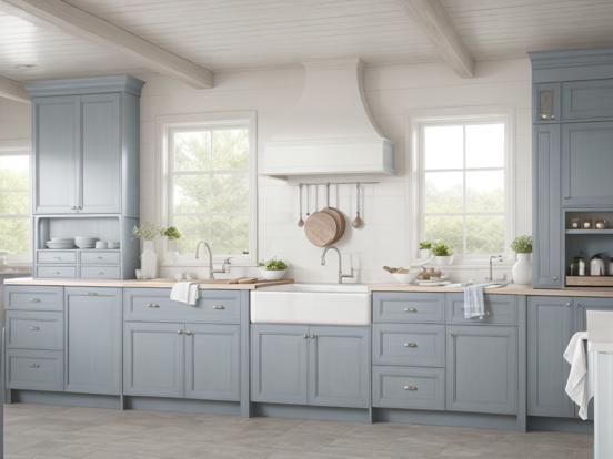 Blue kitchen white sink wood