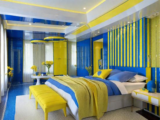 Closeup of blue yellow bed