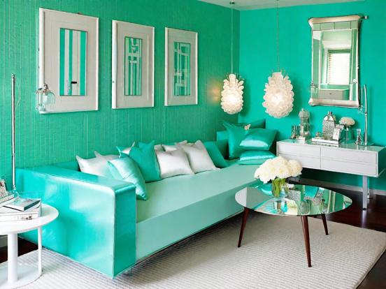 Bright teal living room decor