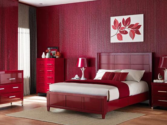 Red bedroom white bed velvet decor