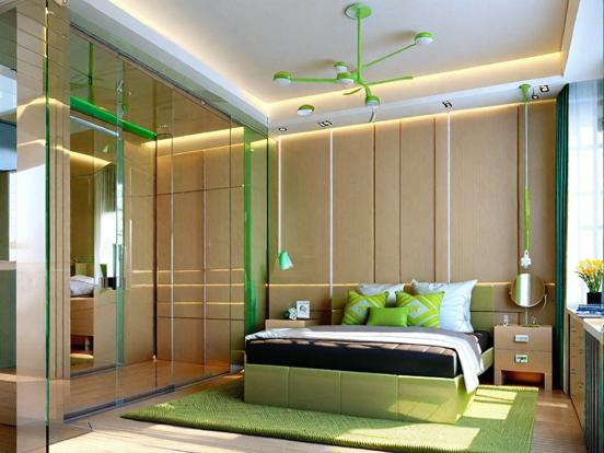 Green futuristic bedroom closeup