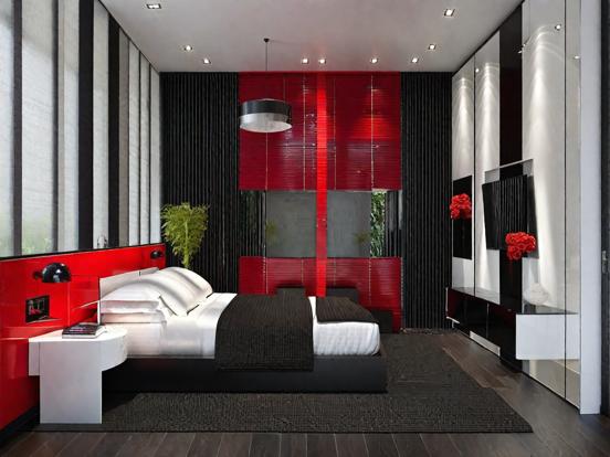 Red black white bedroom design