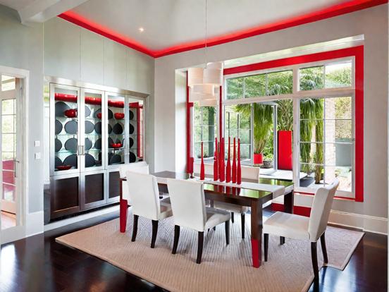 Red white dining room setup