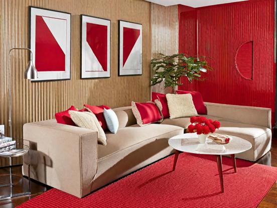 Red living room beige couch