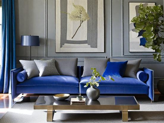 Blue couch living room decor