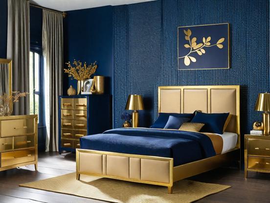 blue and gold bedroom