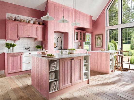 Pink kitchen closeup wood floor