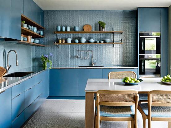 Blue silver kitchen table sink