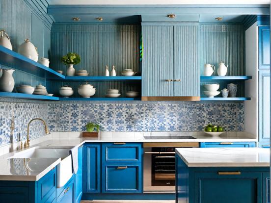 Blue kitchen white counter