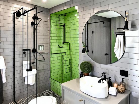 Green black white bathroom