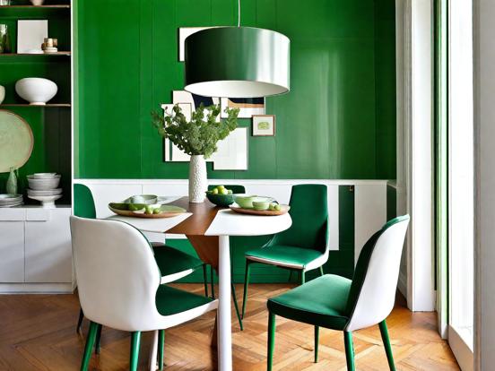 Green table chairs vase setup