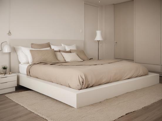 White framed bed beige blanket