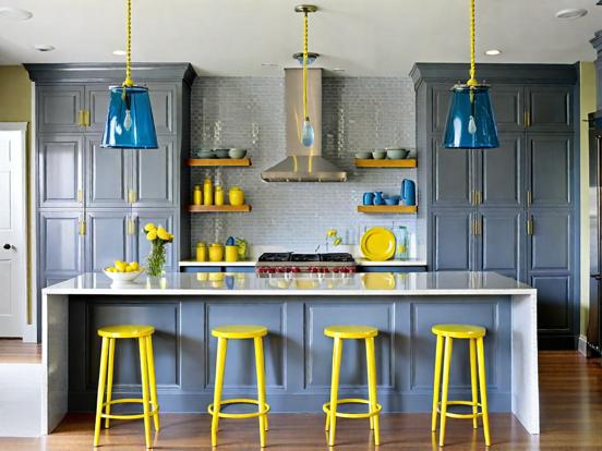 Blue kitchen yellow stools