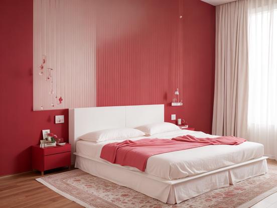 Red accent wall white bed bright