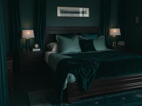 Closeup of bed with green decor