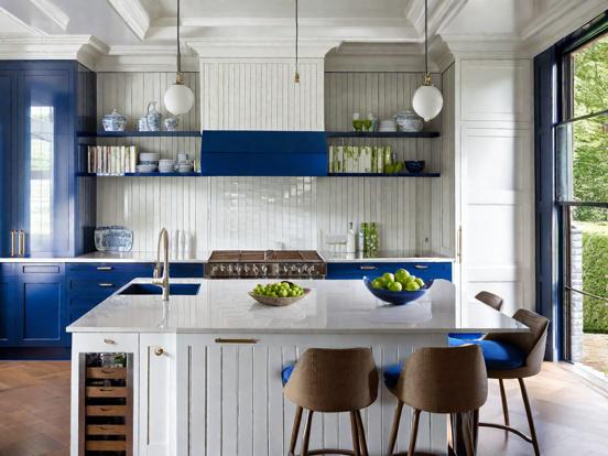 Blue white kitchen island counter