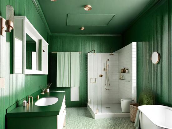 Green bathroom white tub sink