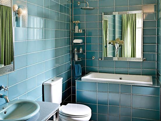 Blue tiled bathroom with sink