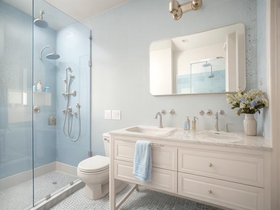 Blue white bathroom vanity shower