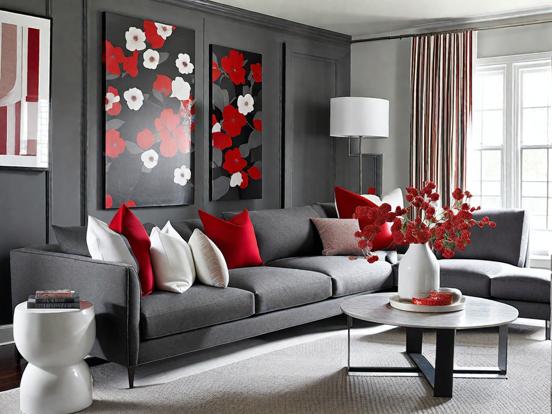 Red black grey living room