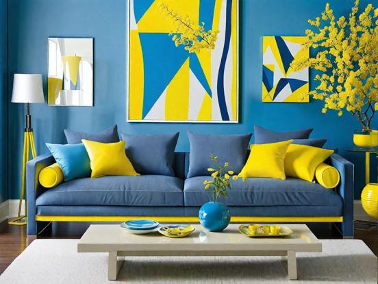 Blue couch yellow pillows vase