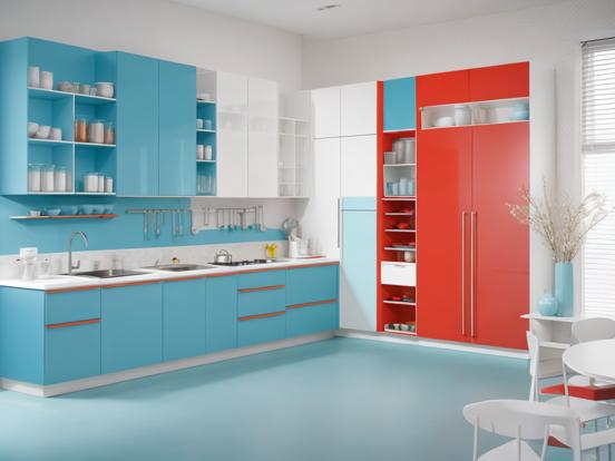 Modern red fridge blue cabinets