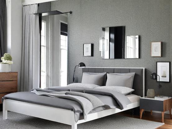 Grey bed serene Scandi design