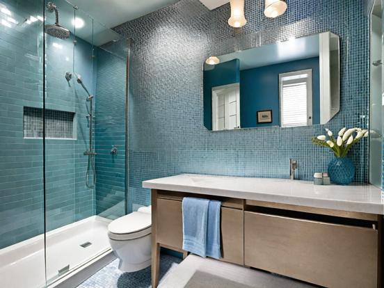 Modern blue tiled bathroom design