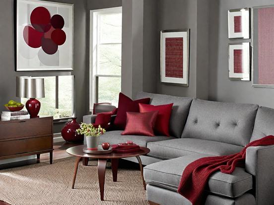 Cozy room gray couch red accents