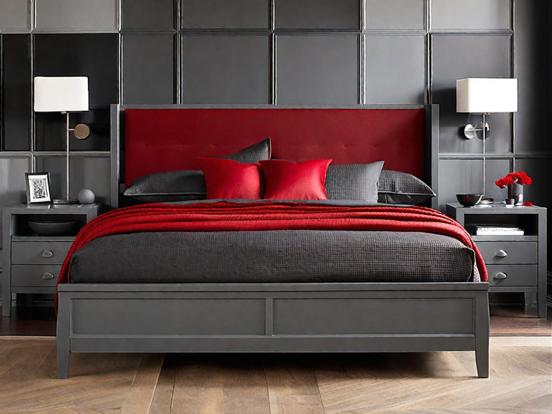 Red headboard bed black stand