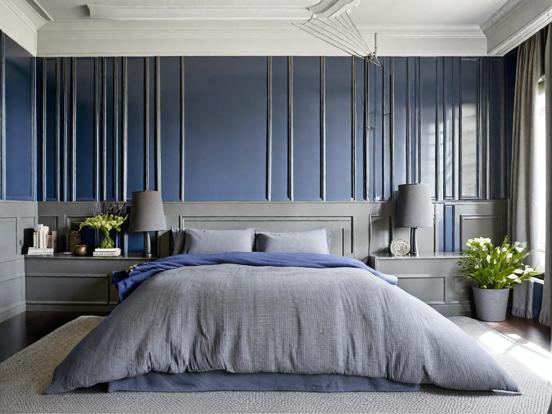 Blue bed grey blanket bright room