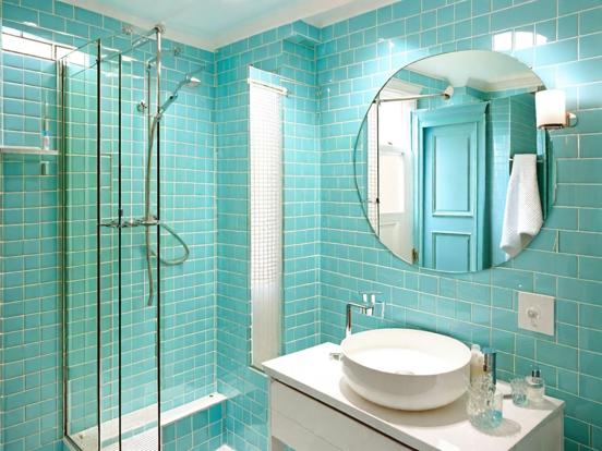 Teal bathroom sink shower tiles