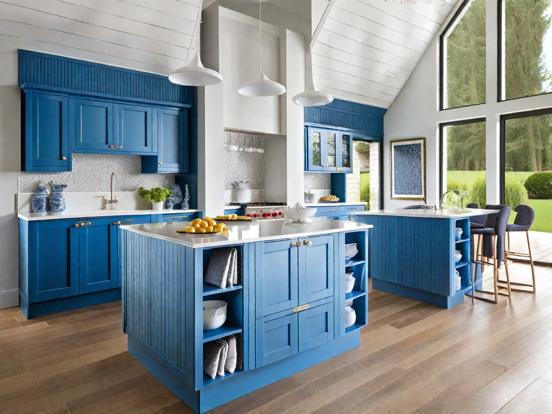 Blue kitchen island wood cabinets